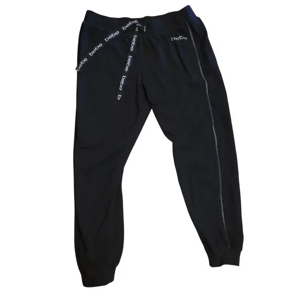 Bebe Women's Size XL Black Joggers With Logo Contrast Stitching Drawstring Waist - Picture 7 of 10